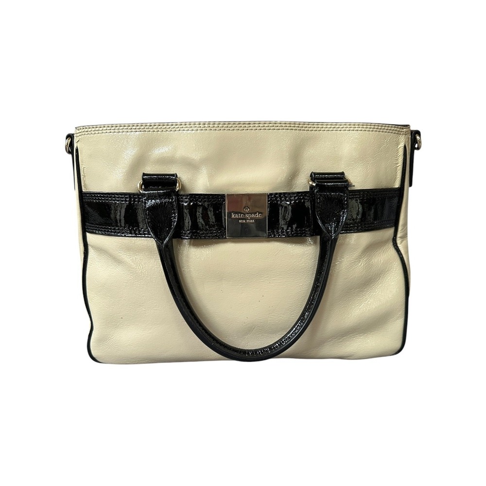 Kate Spade Satchel OS Cream Black Patent Bow Tote Bag Chic Preppy Workwear
